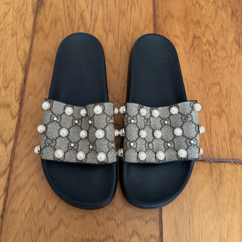 Embellished Black Slide Sandals with Patterned Beige Straps